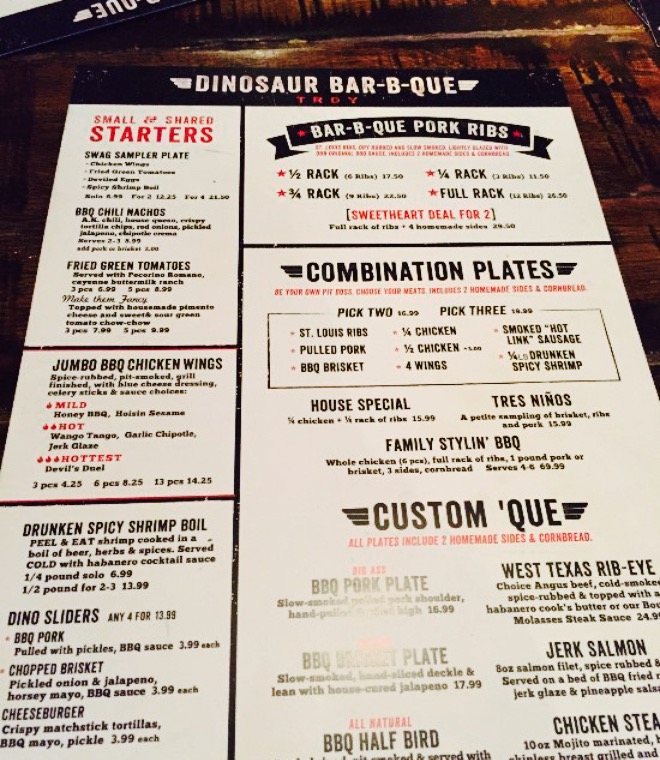 Dinosaur deals bbq menu