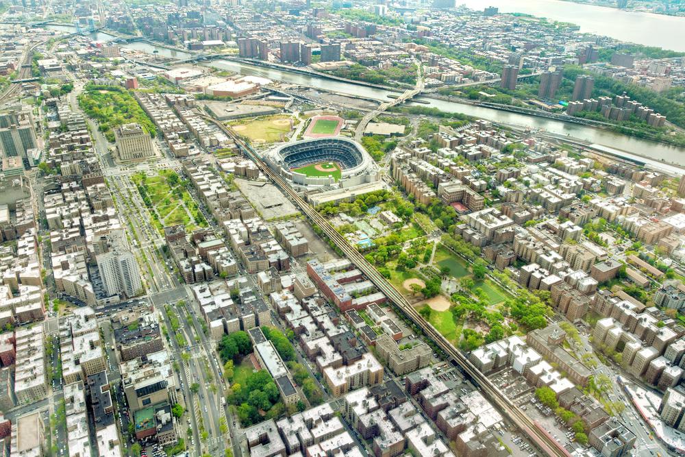 Yankee Stadium New York City NY pm 1958 in Bronx Linen aerial view